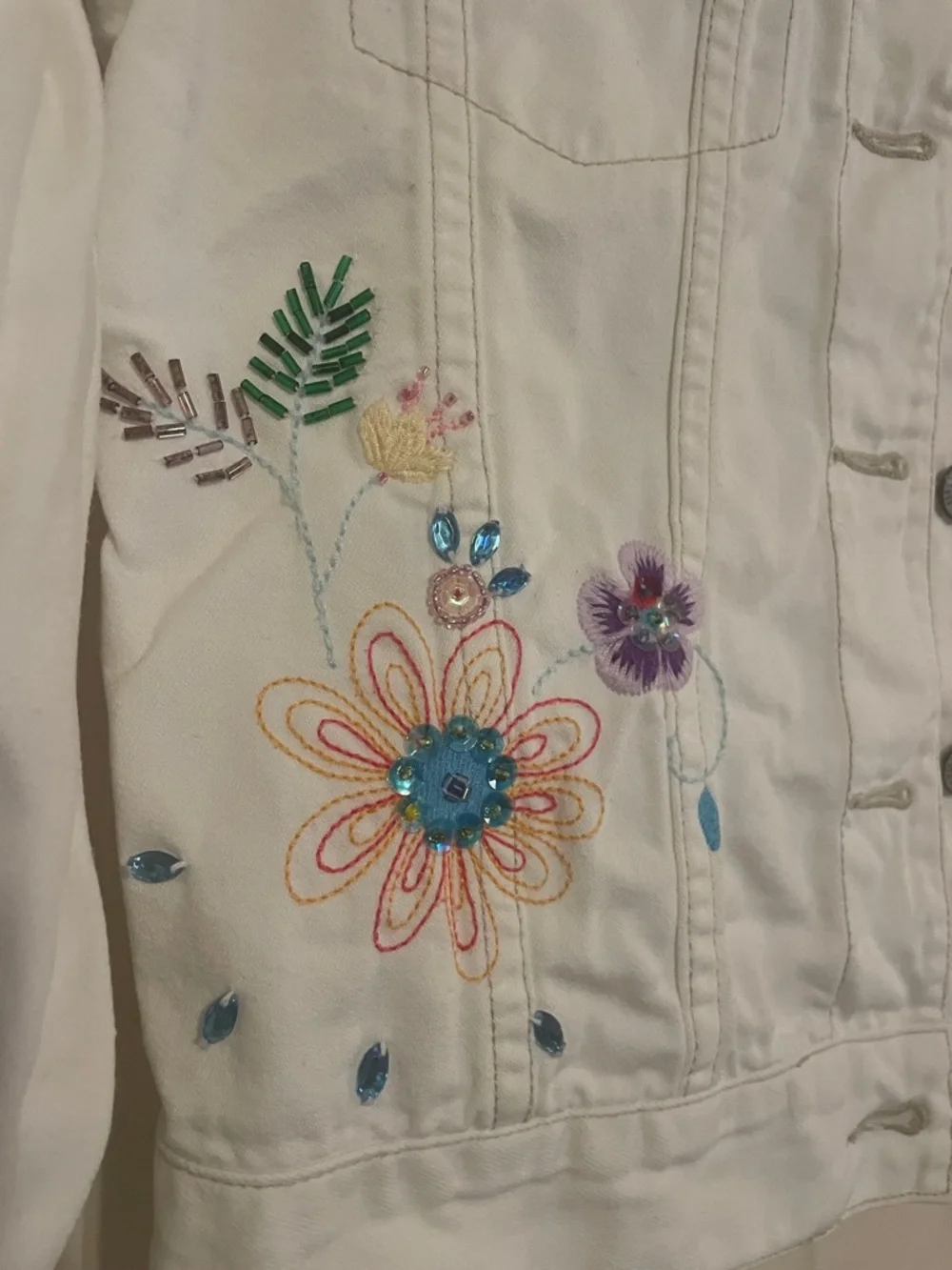Girls GAP White Floral Embroidered Denim Jacket - Cottagecore Boho Chic size 12